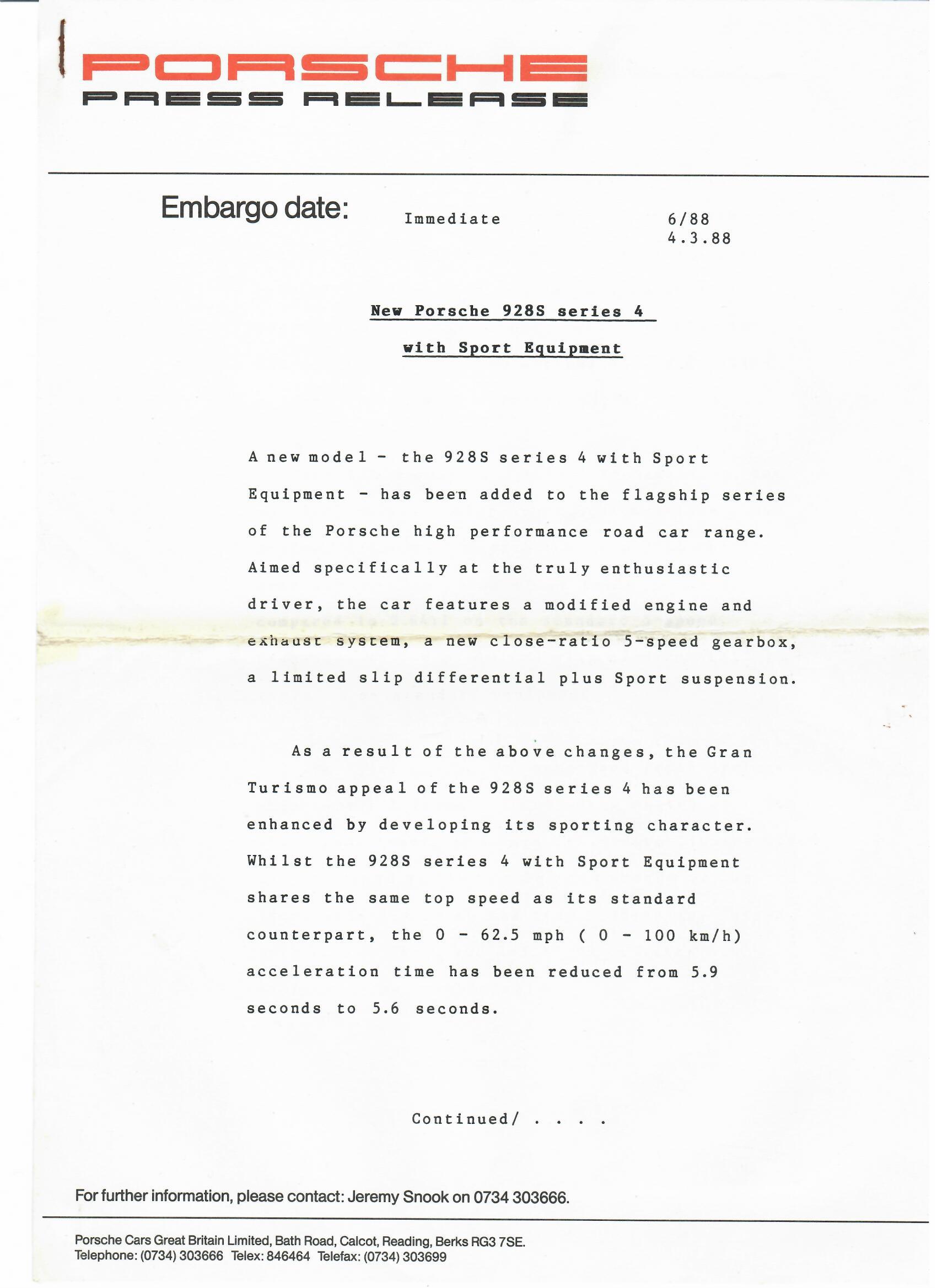 Press Release - New Porsche 928S series 4 with Sport Equipment