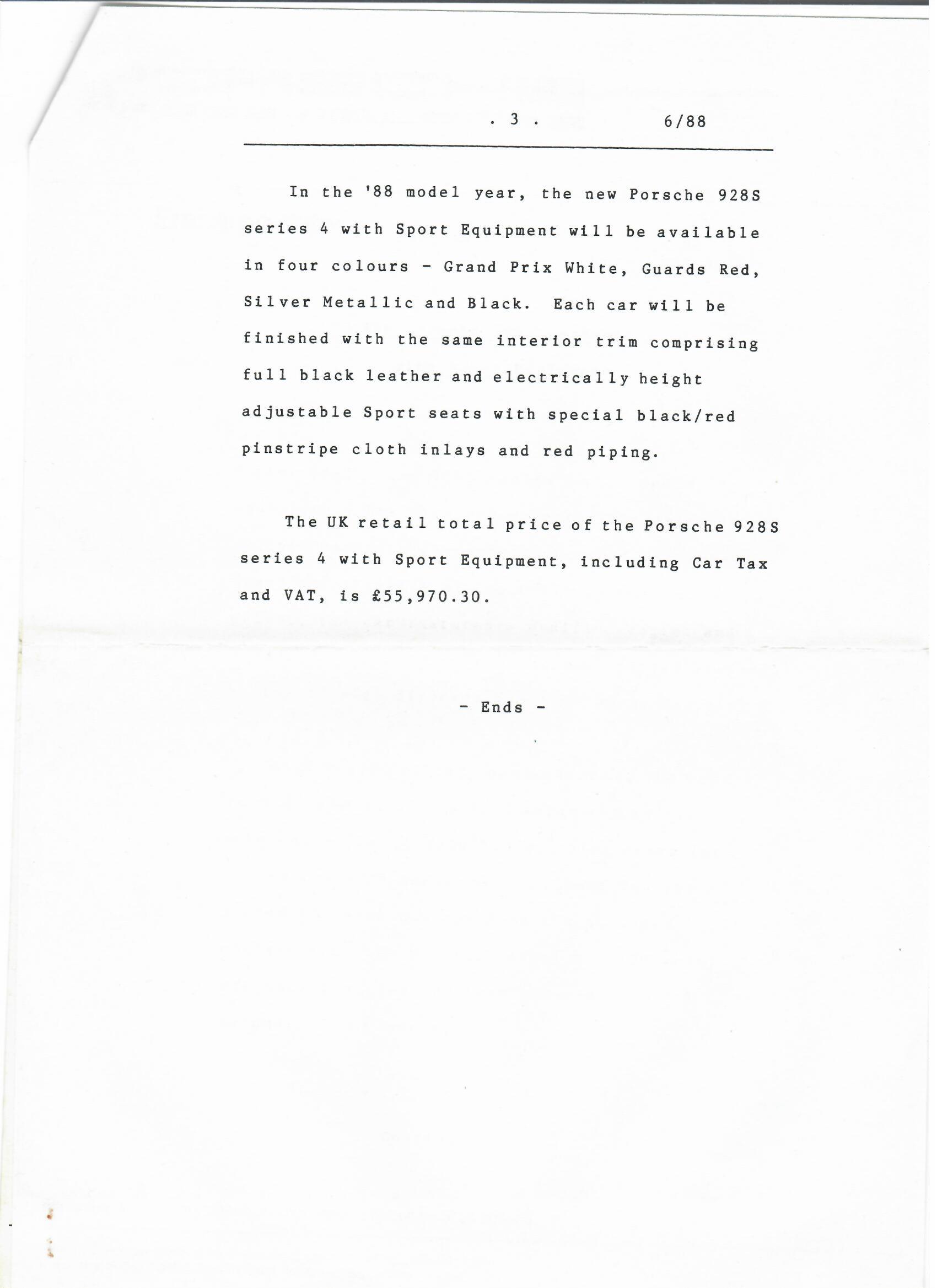 Press Release - New Porsche 928S series 4 with Sport Equipment