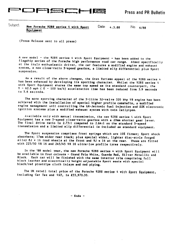 Press Release - New Porsche 928S series 4 with Sport Equipment